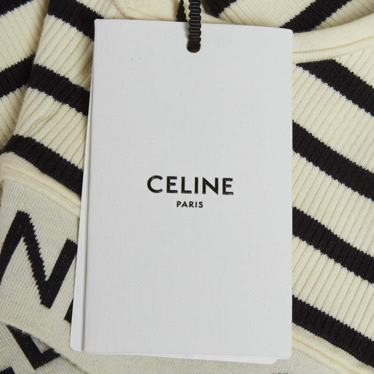 Pre Owned Celine White Striped Rib Knit Crop Tank Top M