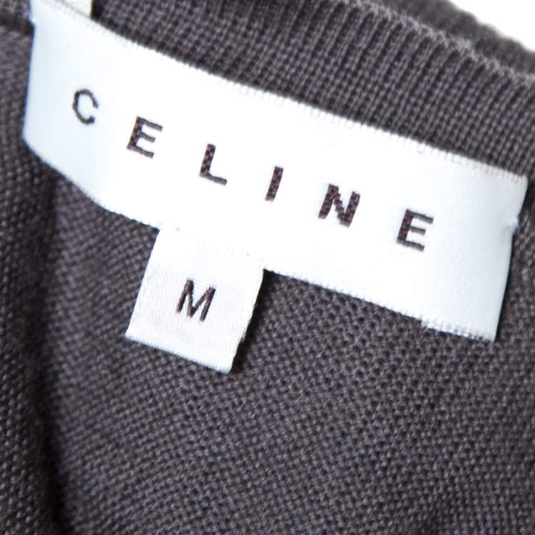 Pre Owned Celine Grey Wool Ruffled Asymmetric Neckline Detail Button Front Cardigan M
