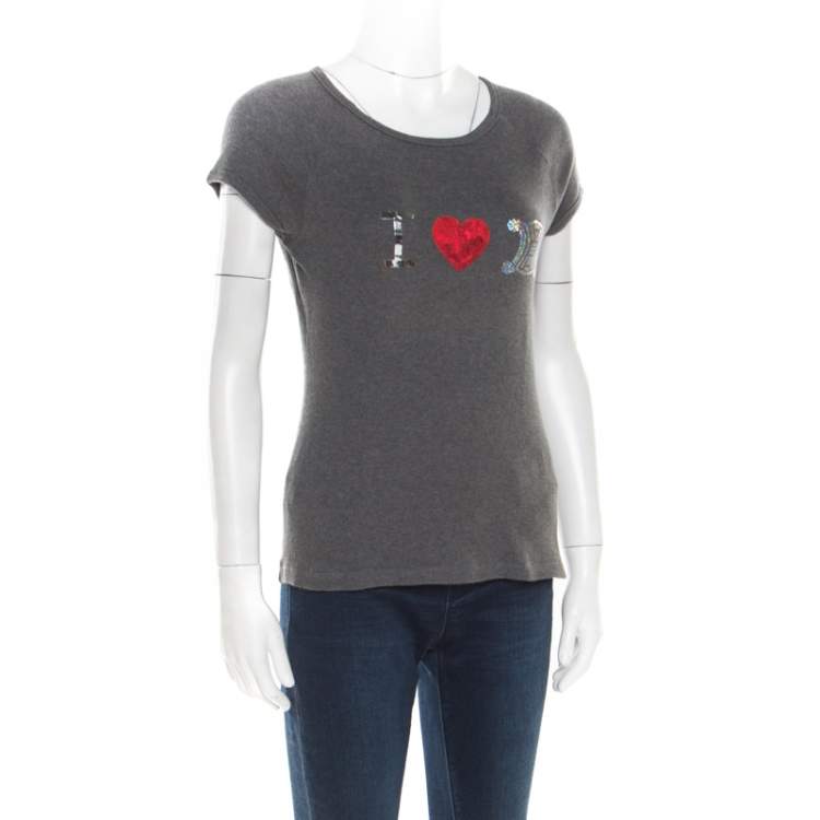 Pre Owned Celine Grey Embellished Cotton Short Sleeve T-Shirt M