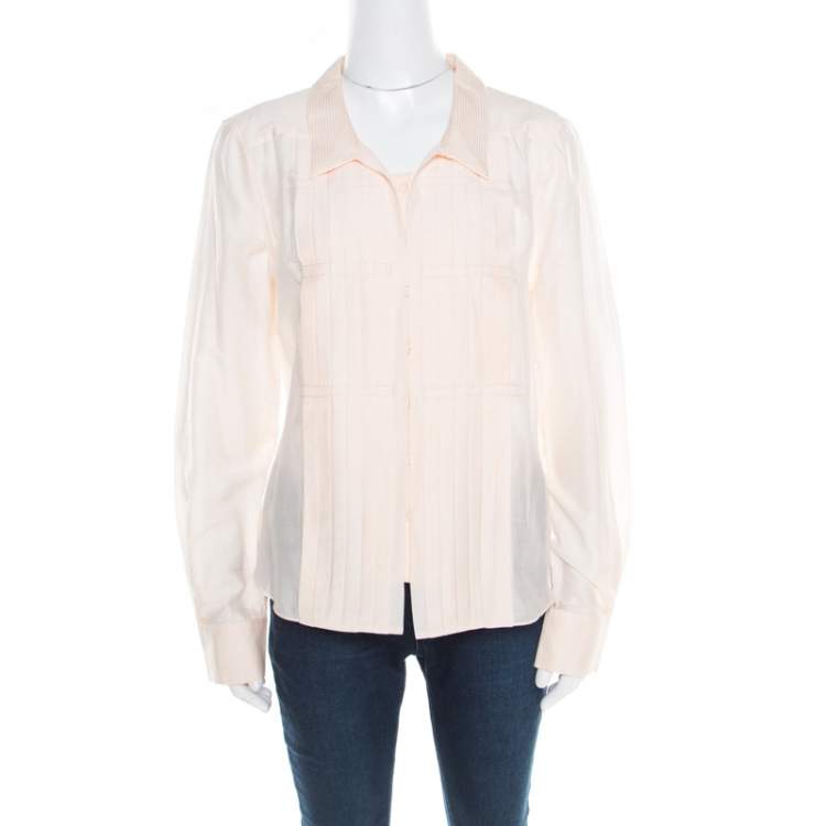 Celine Peach Cotton and Silk Pleat Detail Long Sleeve Shirt L Celine ...