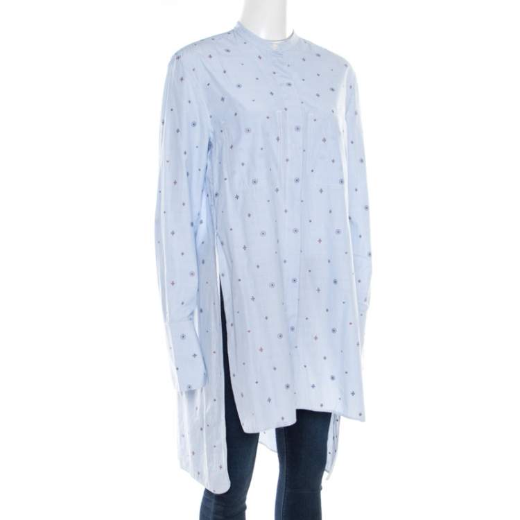 Pre Owned Celine Blue and White Striped Embroidered Cotton High Low Tunic M