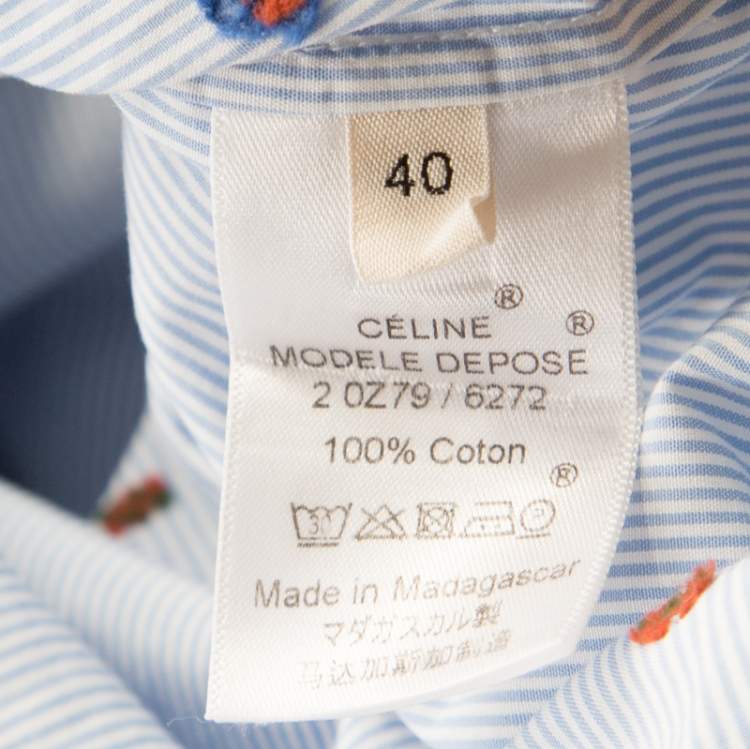 Pre Owned Celine Blue and White Striped Embroidered Cotton High Low Tunic M
