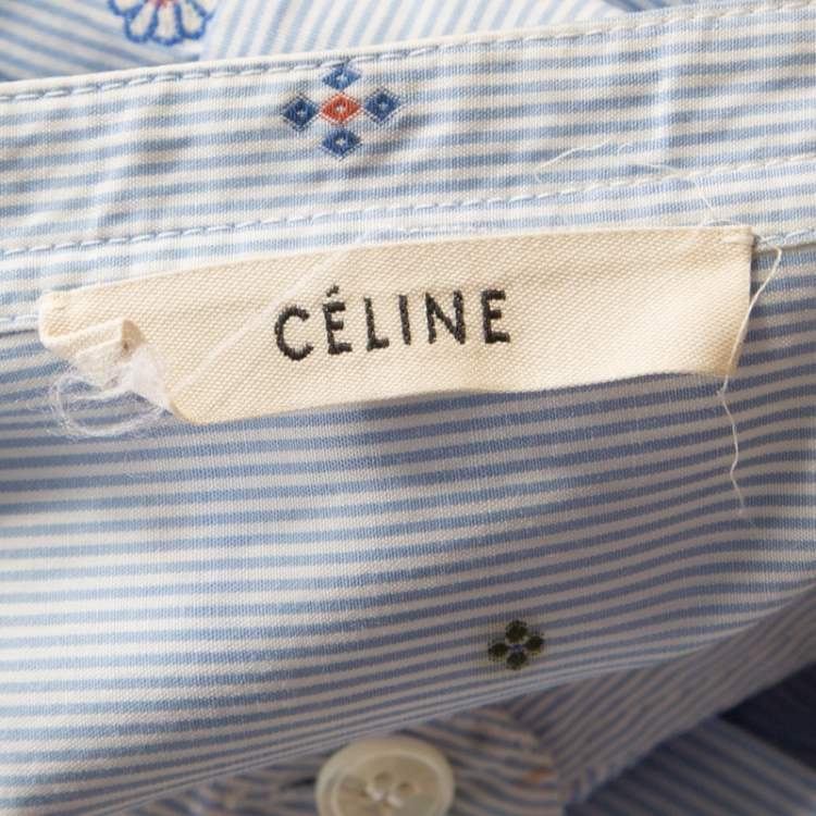 Pre Owned Celine Blue and White Striped Embroidered Cotton High Low Tunic M