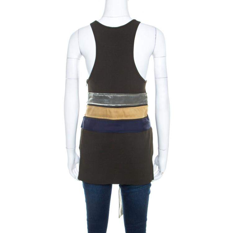 Pre Owned Celine Olive Green Knit Satin Belt Trim  Racer Back Tank Top S