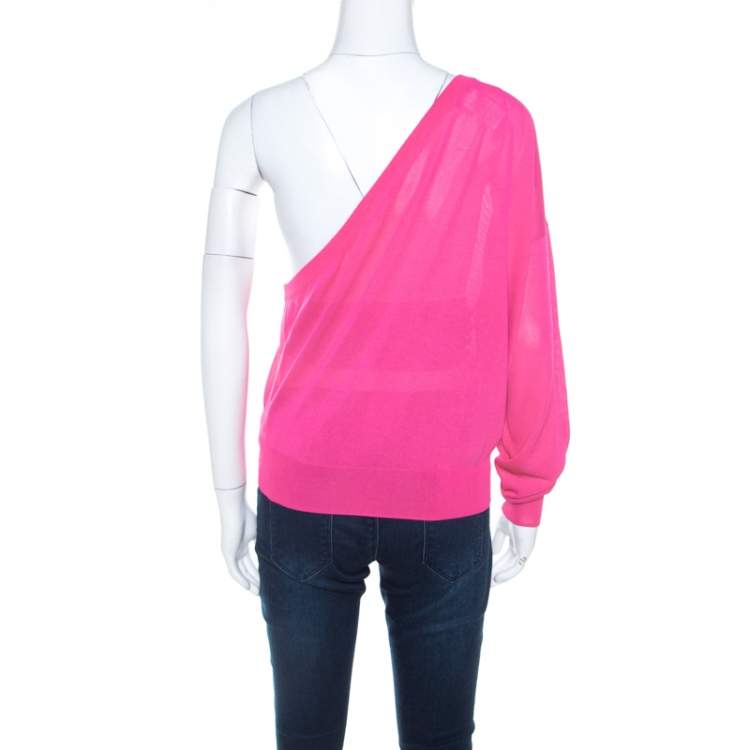 Pre Owned Celine Hot Pink Ribbed Knit One Shoulder Top M