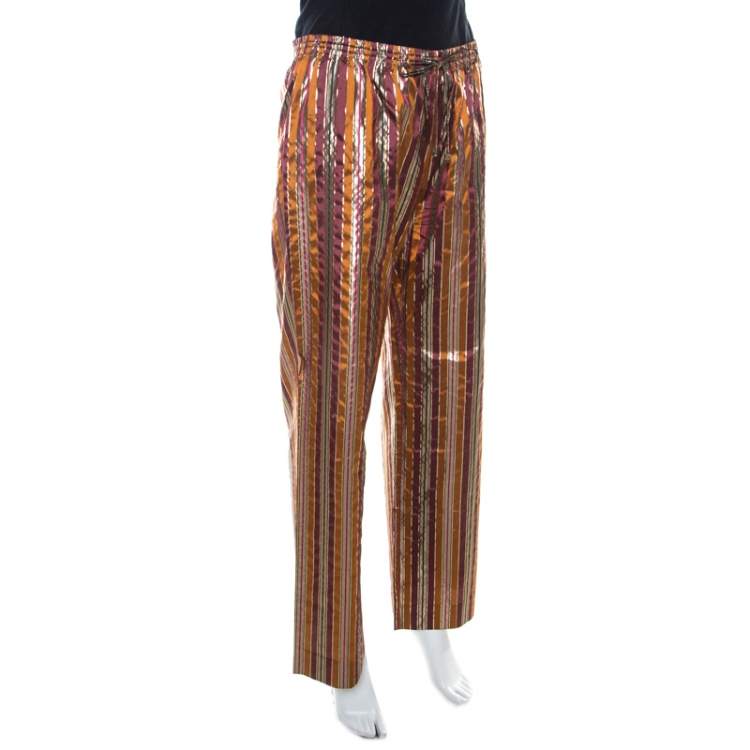 Celine Brown Metallic Striped Silk Straight Fit Trousers L Celine