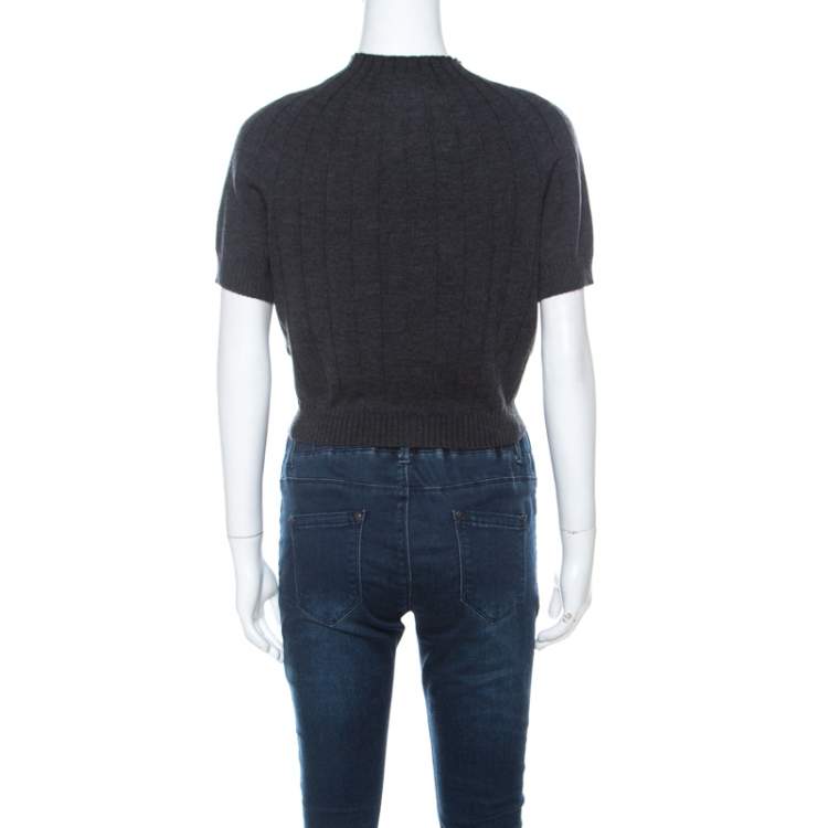 Pre Owned Celine Charcoal Grey Silk & Cashmere Blend Front Button Short Sleeve Cardigan L 