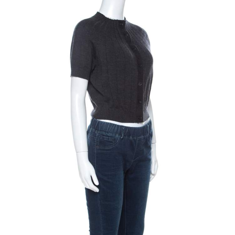 Pre Owned Celine Charcoal Grey Silk & Cashmere Blend Front Button Short Sleeve Cardigan L 