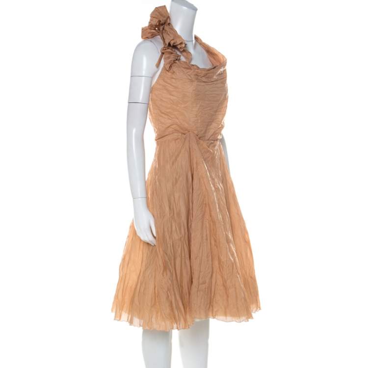 Pre Owned Céline Dusky Orange Silk Blend Ruched Detail Halter Neck Dress L