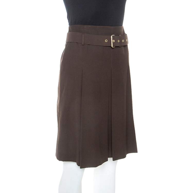 Pre Owned Celine Brown Wool Pleat Detail Belted Skirt S