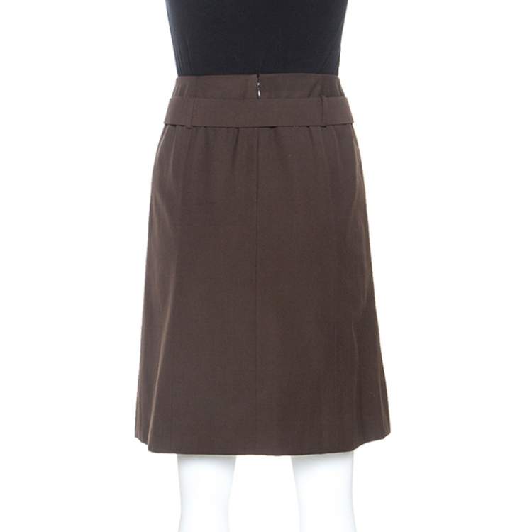 Pre Owned Celine Brown Wool Pleat Detail Belted Skirt S