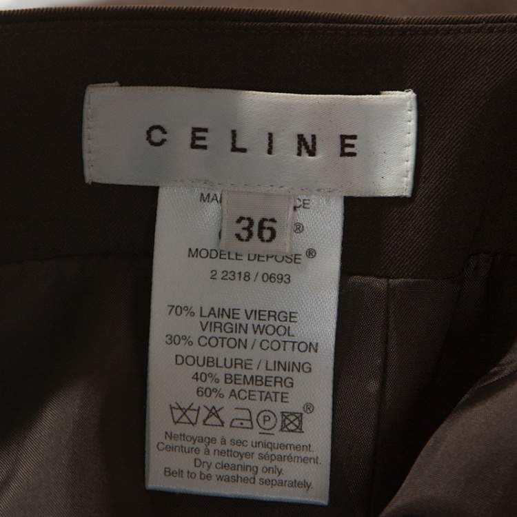 Pre Owned Celine Brown Wool Pleat Detail Belted Skirt S