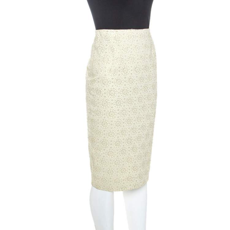 مملوكة مسبقًا Celine Yellow Stretch Embossed Lurex Jacquard Pencil Skirt S