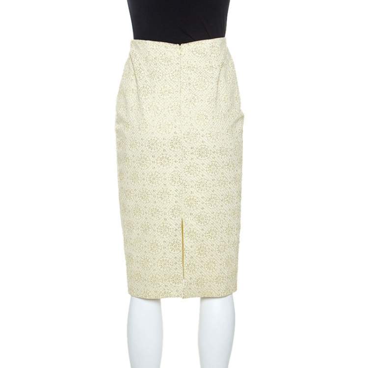 مملوكة مسبقًا Celine Yellow Stretch Embossed Lurex Jacquard Pencil Skirt S