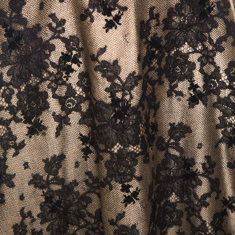 Pre Owned Celine Black And Beige Floral Silk Jacquard Flared Skirt S