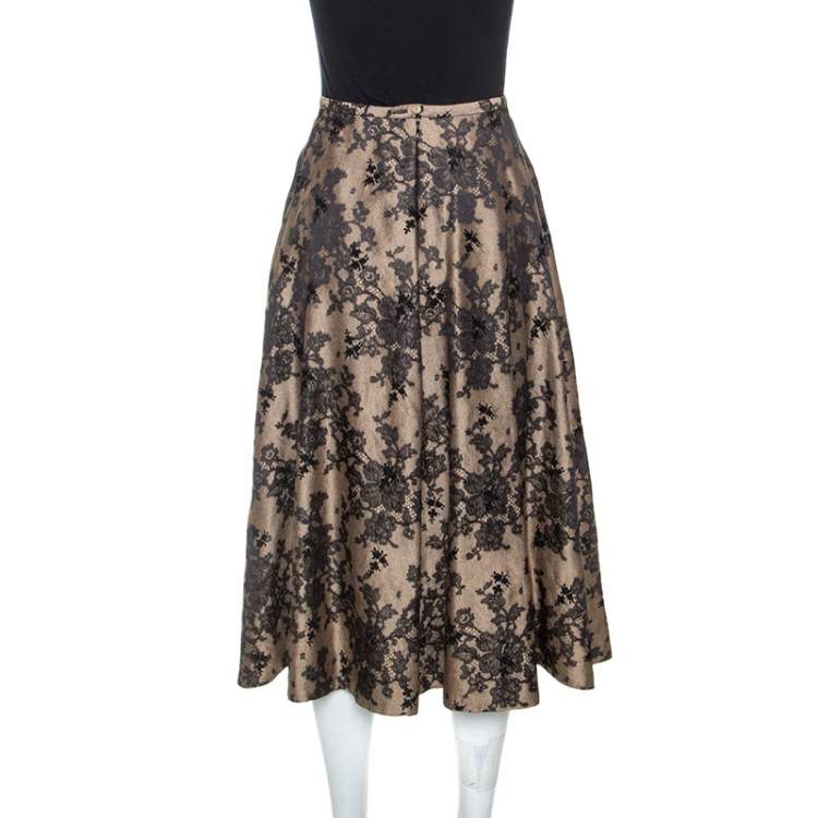 Pre Owned Celine Black And Beige Floral Silk Jacquard Flared Skirt S