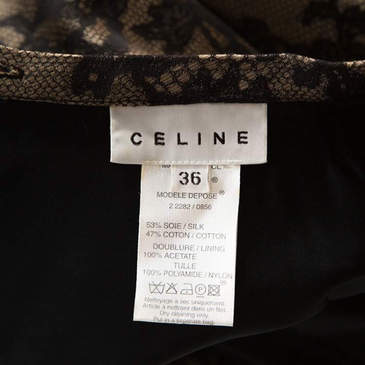 Pre Owned Celine Black And Beige Floral Silk Jacquard Flared Skirt S