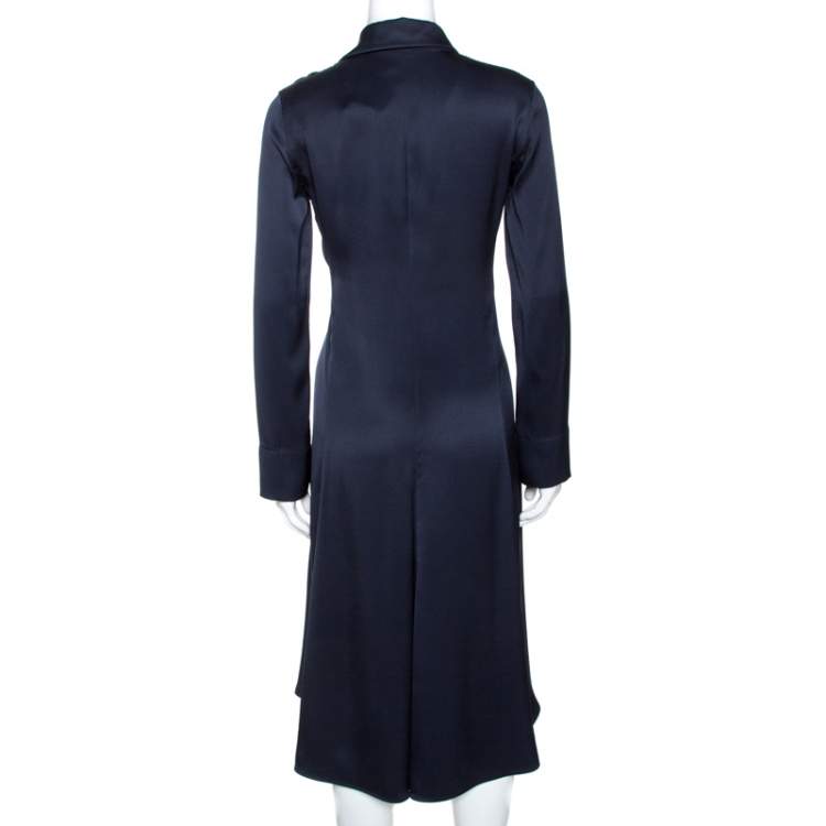 Pre Owned Celine Navy Blue Silk Satin Flared Shirt Dress S