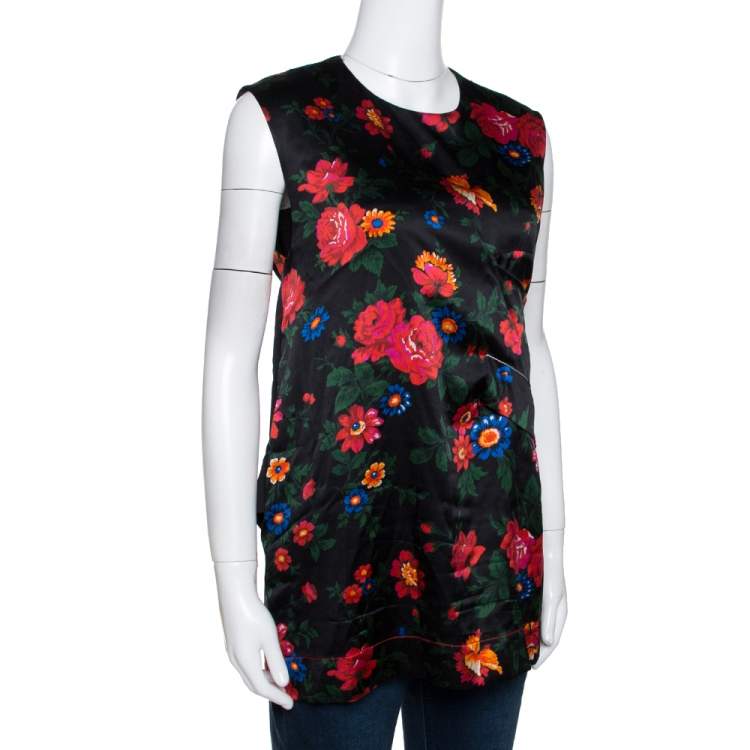 Pre Owned Celine Black Floral Printed Mulberry Silk Draped Detail Sleeveless Top M 