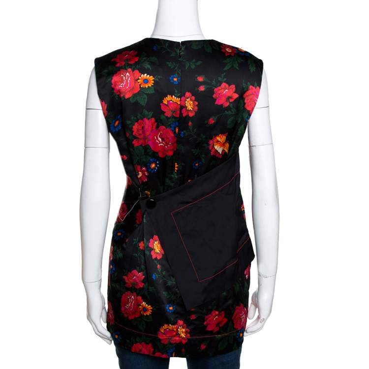 Pre Owned Celine Black Floral Printed Mulberry Silk Draped Detail Sleeveless Top M 