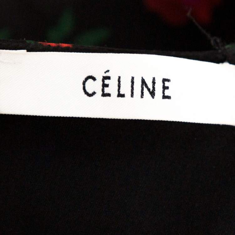 Pre Owned Celine Black Floral Printed Mulberry Silk Draped Detail Sleeveless Top M 