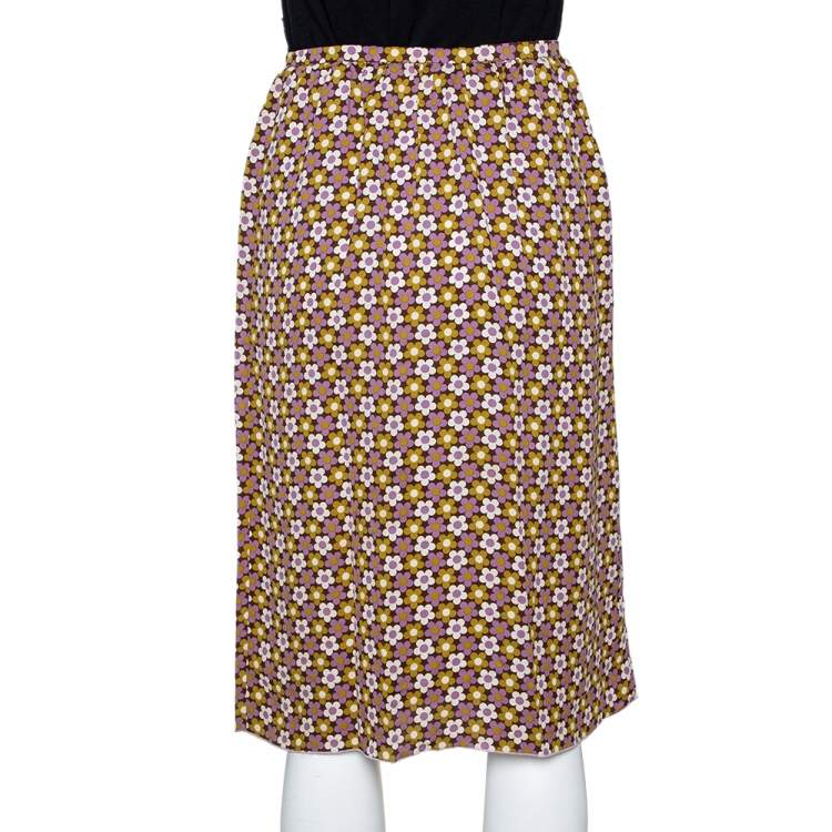 Pre Owned Celine Multicolor Floral Print Silk Ruffled A-Line Skirt S