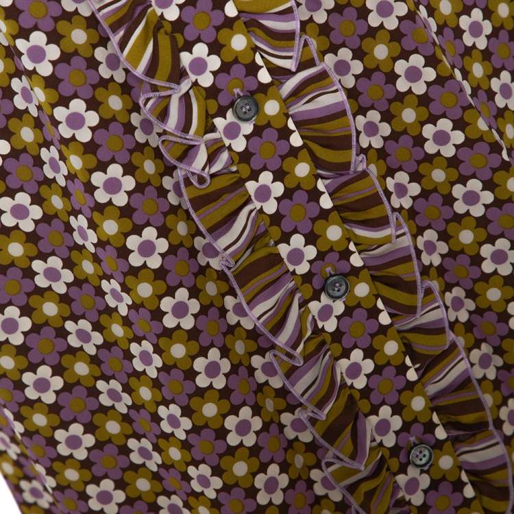 Pre Owned Celine Multicolor Floral Print Silk Ruffled A-Line Skirt S