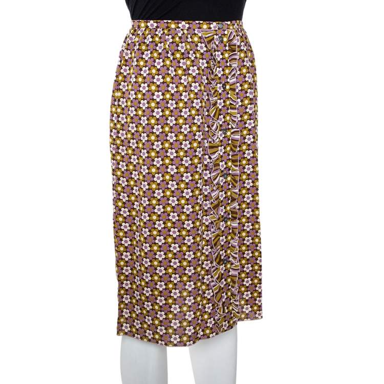 Pre Owned Celine Multicolor Floral Print Silk Ruffled A-Line Skirt S