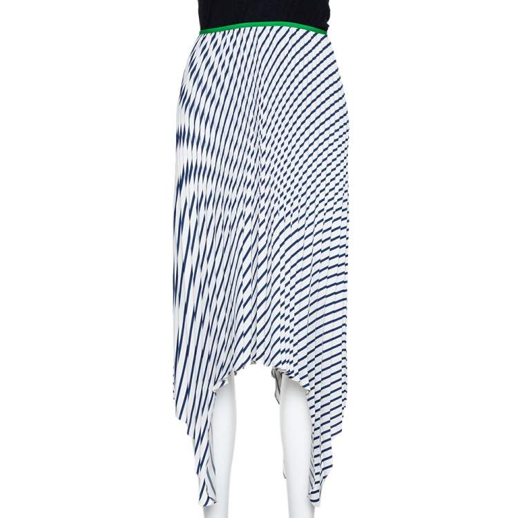 Pre Owned Celine Navy Blue Striped Silk Handkerchief Hem Pleated Skirt S