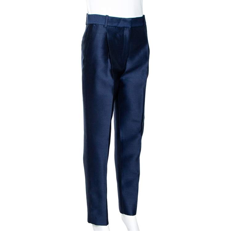 Pre Owned Celine Navy Blue Wool & Silk Tapered Trousers S