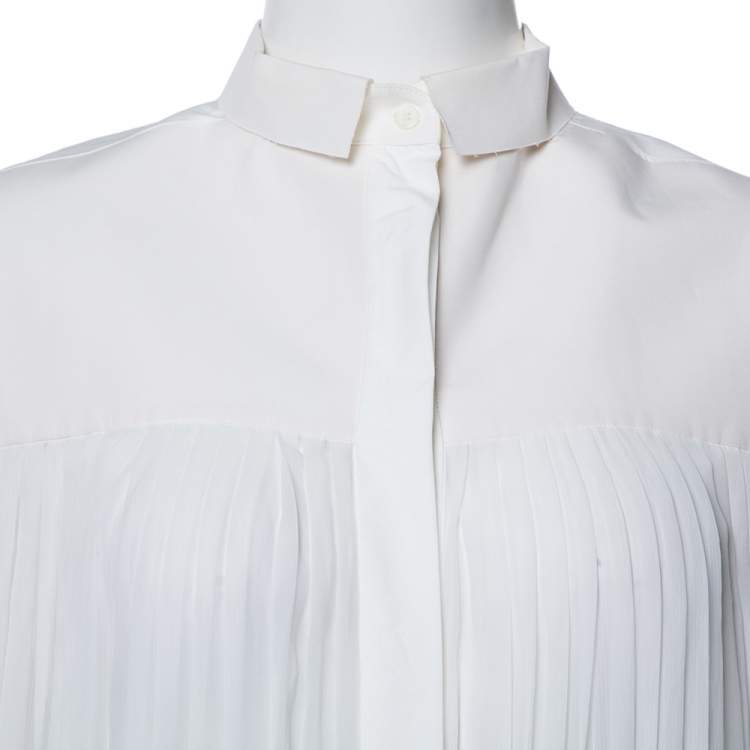 Pre Owned Celine Off White Cotton Pleated High Low Hem Blouse M