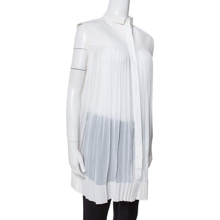 Pre Owned Celine Off White Cotton Pleated High Low Hem Blouse M