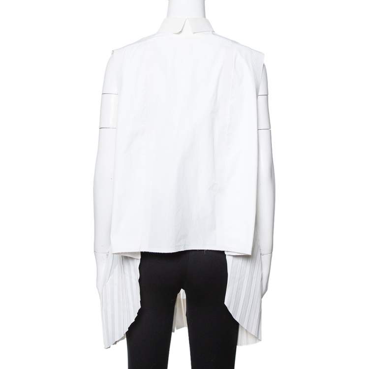 Pre Owned Celine Off White Cotton Pleated High Low Hem Blouse M