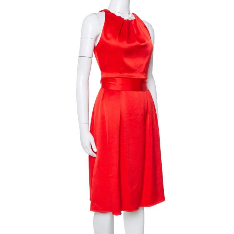 Pre Owned Celine Red Satin Open Back Bow Tie Waist Dress S