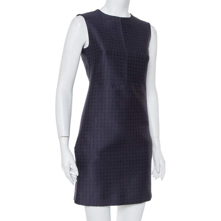 Pre Owned Celine Navy Blue Brocade Sleeveless Sheath Dress S