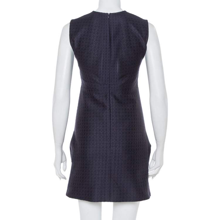 Pre Owned Celine Navy Blue Brocade Sleeveless Sheath Dress S