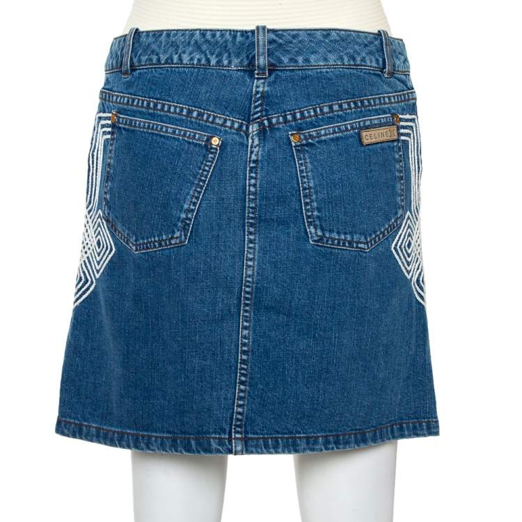 Pre Owned Celine Blue Denim Embroidered Mini Skirt S