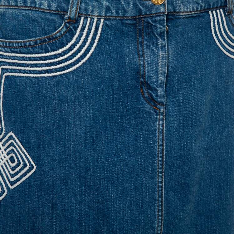 Pre Owned Celine Blue Denim Embroidered Mini Skirt S
