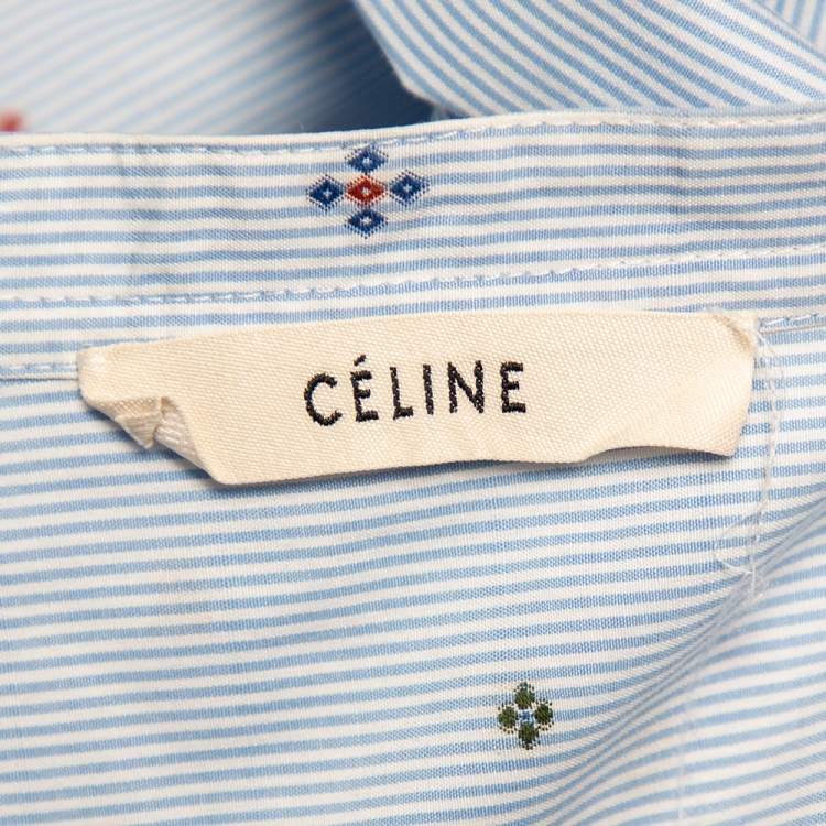 Pre Owned Celine Blue Striped Cotton Embroidered Asymmetric Hem Shirt Dress M