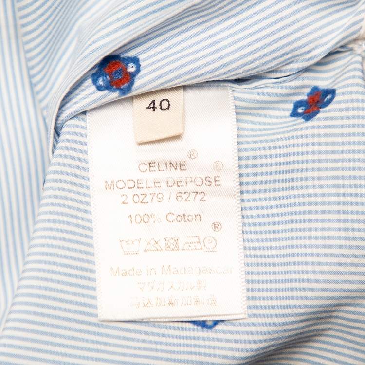 Pre Owned Celine Blue Striped Cotton Embroidered Asymmetric Hem Shirt Dress M