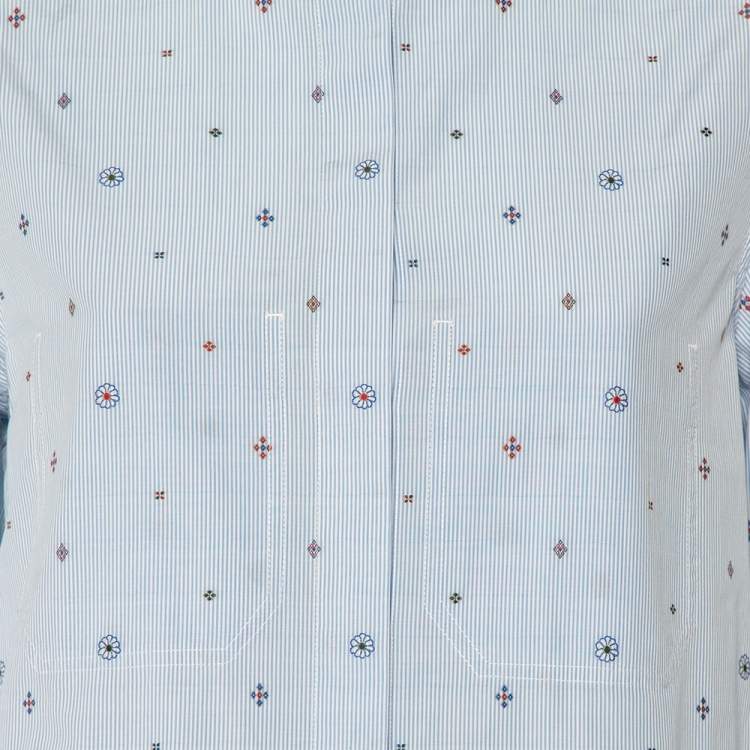 Pre Owned Celine Blue Striped Cotton Embroidered Asymmetric Hem Shirt Dress M