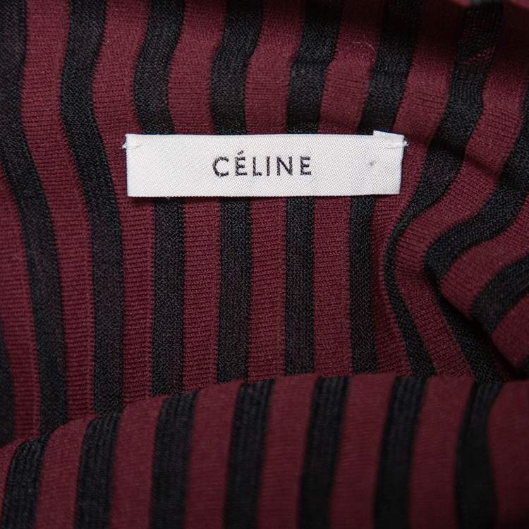 Pre Owned Celine Burgundy Striped Knit Structured Neck Detail Top S