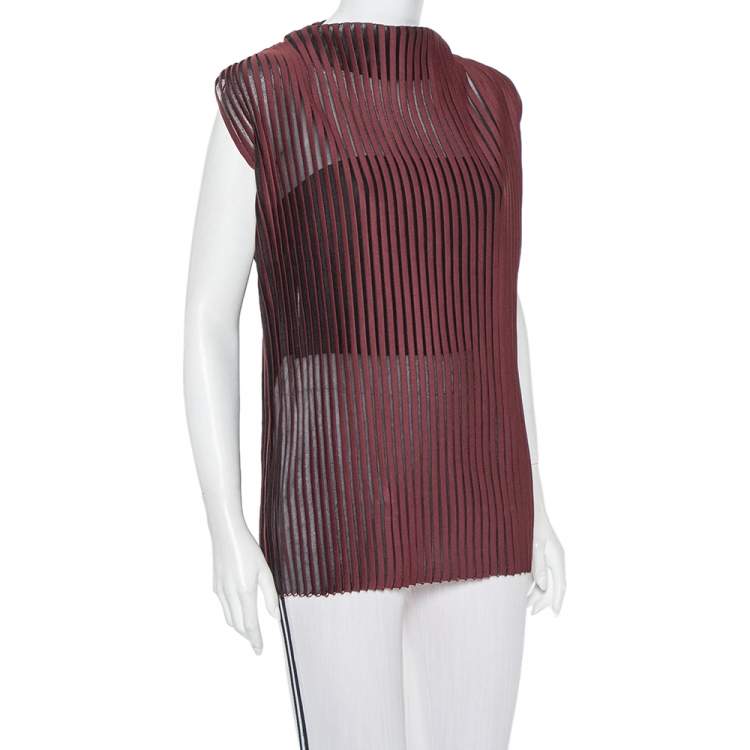 Pre Owned Celine Burgundy Striped Knit Structured Neck Detail Top S