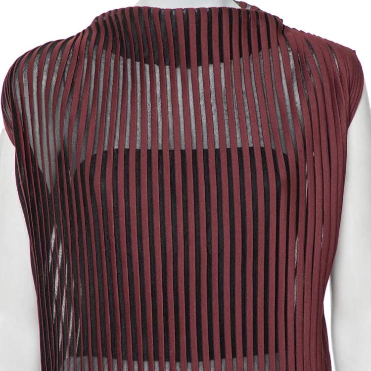 Pre Owned Celine Burgundy Striped Knit Structured Neck Detail Top S