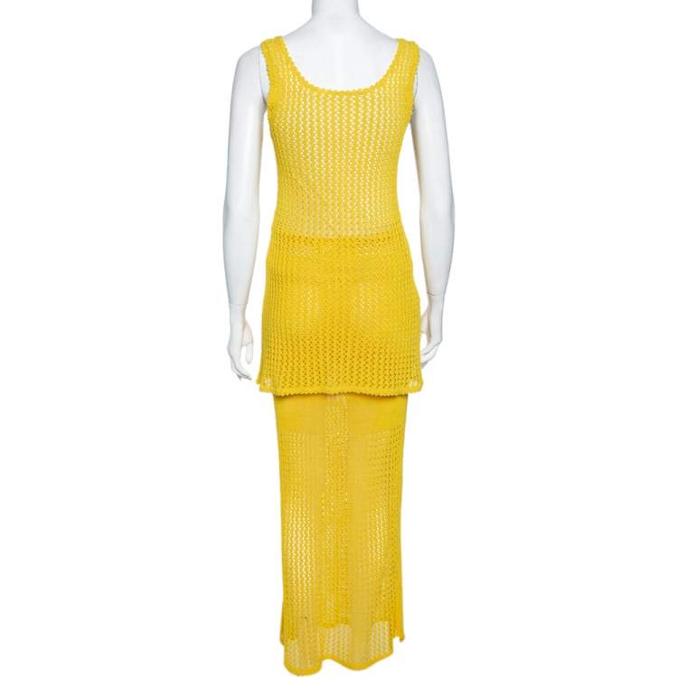 Pre Owned Celine Vintage Yellow Open Knit Long Tank Top & Maxi Skirt M