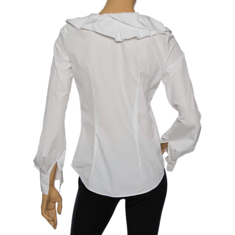 Pre Owned Celine White Cotton Ruffled Neck Detail Shirt M