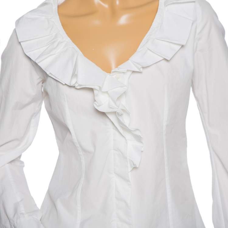 Pre Owned Celine White Cotton Ruffled Neck Detail Shirt M