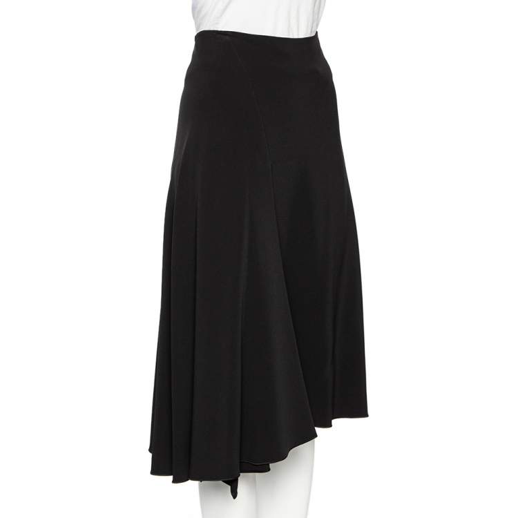 Pre Owned Celine Black Crepe Pleated Detail Asymmetrical Hem Midi Skirt S
