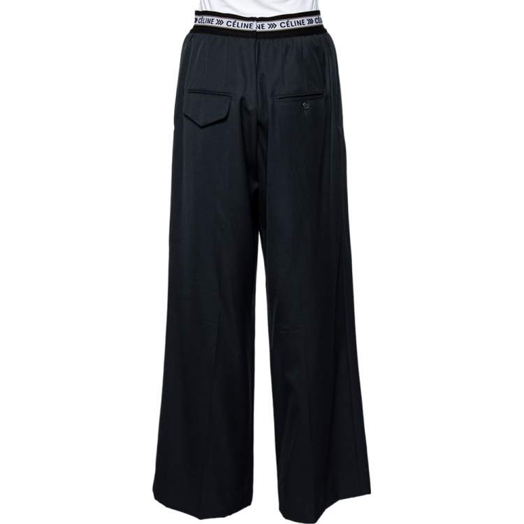 Pre Owned Celine Charcoal Grey Wool Elastic Logo Waist Detail Wide Leg Pants S