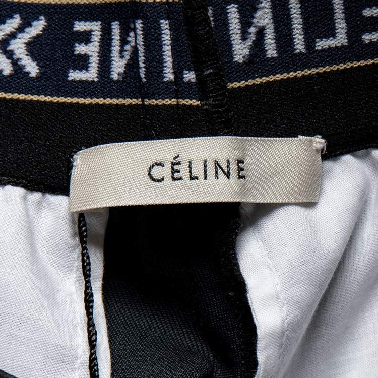 Pre Owned Celine Charcoal Grey Wool Elastic Logo Waist Detail Wide Leg Pants S